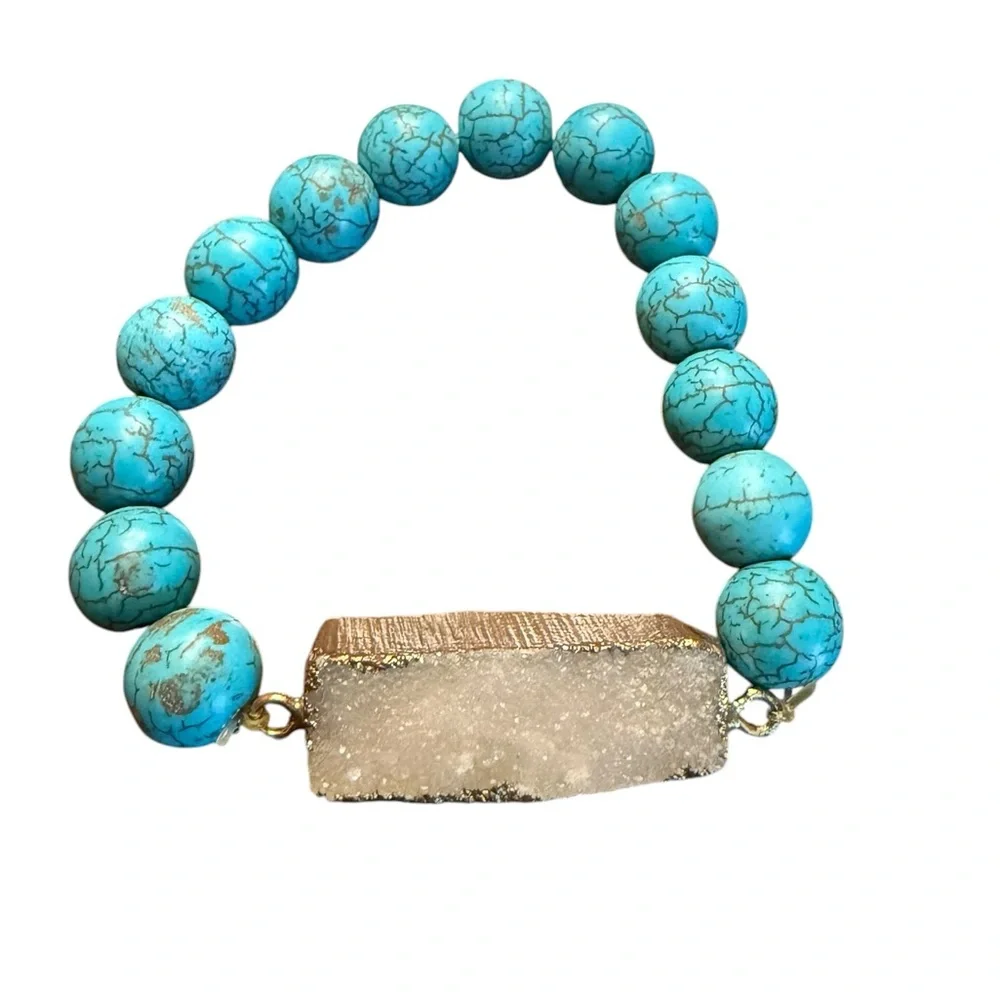 Turquoise Color Beaded Druzy Bar Stretch Bracelet